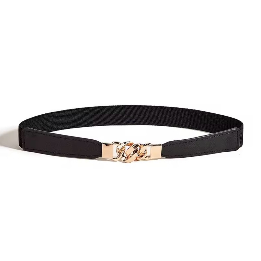 Black Stretch Waist Belt with Gold Chain Accent